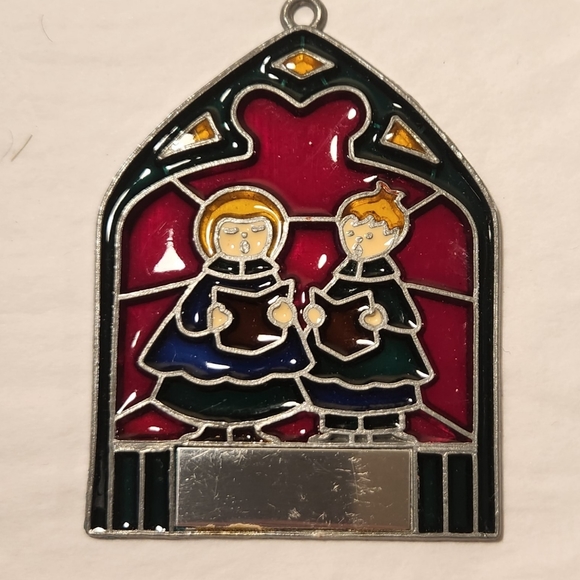 Vtg Christmas Carolers Stained Glass Christmas Ornament Suncatcher Signed - Picture 2 of 9